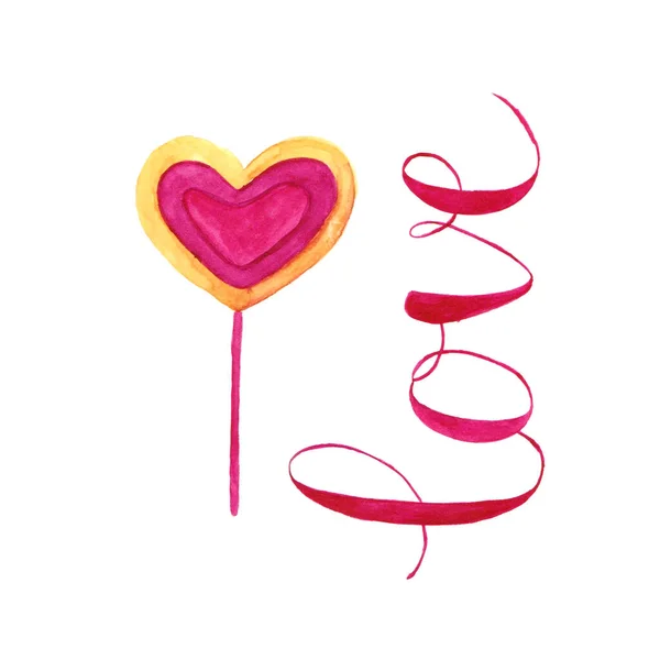 Akvarell Romantisk Rosa Godis Och Ord Kärlek — Stockfoto