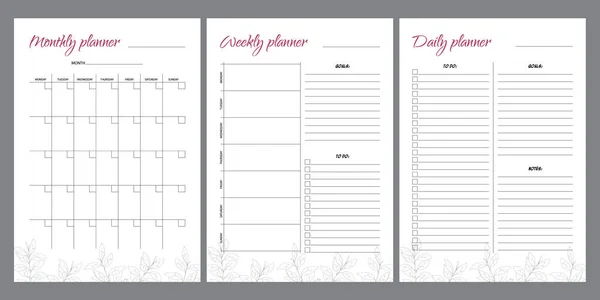 Set Planners Leaf Design Monthly Weekly Daily Planner — Stock Vector