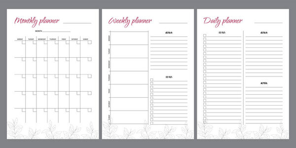 Set of planners with leaf design. Monthly, weekly, daily planner.