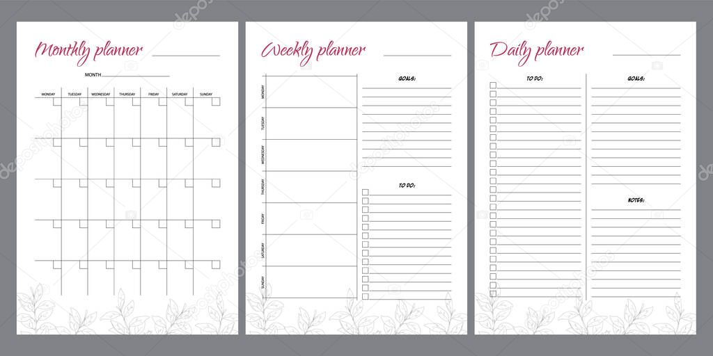 Set of planners with leaf design. Monthly, weekly, daily planner.