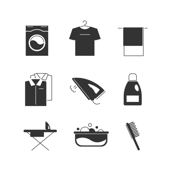 Wasserij Pictogram Set Geïsoleerd Witte Achtergrond Wasmachine Strijkijzer Shirts Bleekmiddel — Stockvector