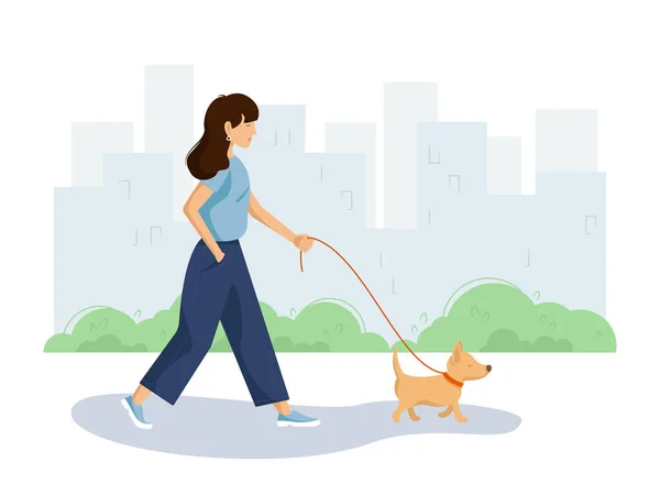 Uma Menina Com Cão Caminhando Parque Cidade —  Vetores de Stock