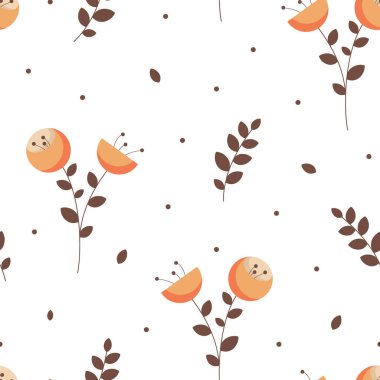 Çiçeksiz desen. Turuncu çiçekler ve kahverengi yapraklar