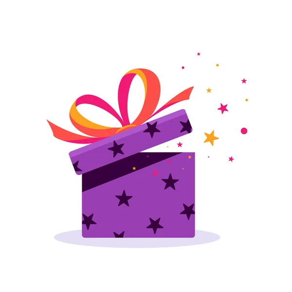 Caja Regalo Con Magia Caja Vacaciones Regalo Violeta Con Estrellas — Vector de stock