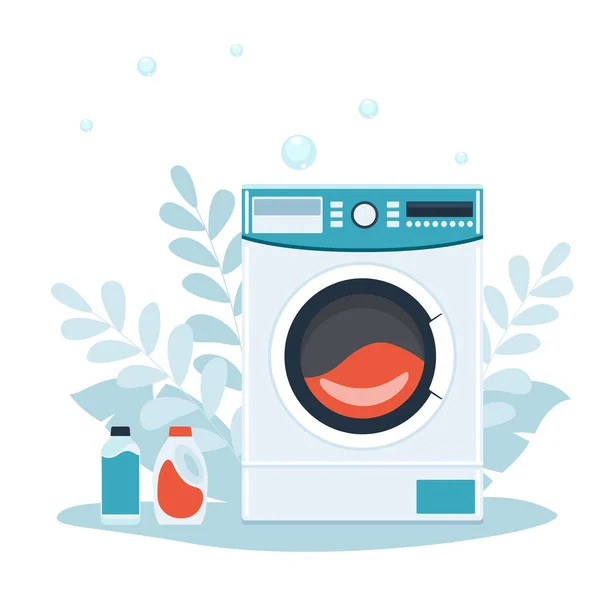 有气泡的洗衣机 洗衣服务 平面样式矢量图解 — 图库矢量图片