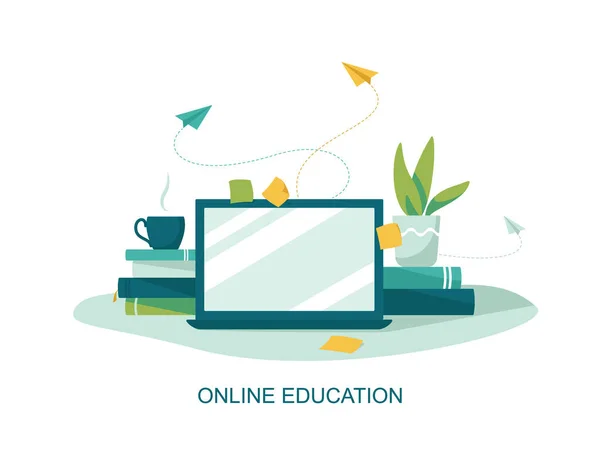 Concetto Educazione Online Laptop Libri Learning Educazione Online Casa — Vettoriale Stock