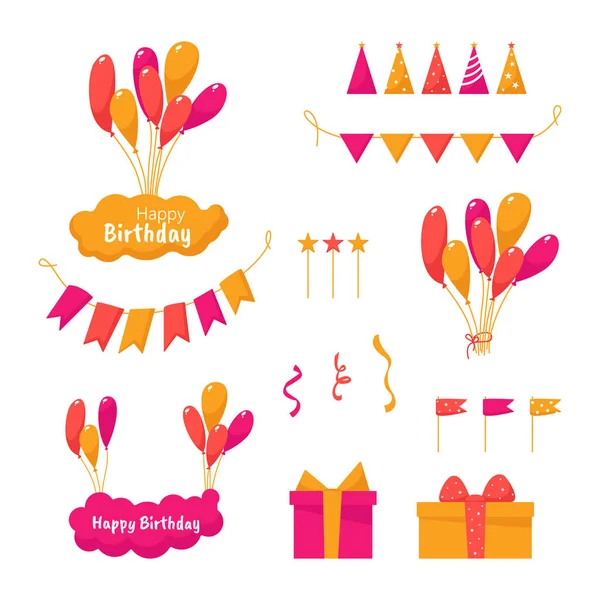 誕生日パーティーのデザイン要素のセット ギフトボックス パーティー帽子 コンフェッティ ポスター カード バナー 招待状の要素のセット — ストックベクタ