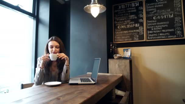 Hermosa mujer hipster usando portátil en la cafetería — Vídeo de stock