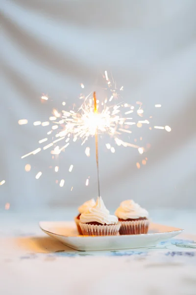 誕生日ケーキ、線香花火と — ストック写真
