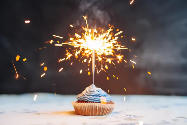 День рождения кекс с бенгальским огнем — стоковое фото