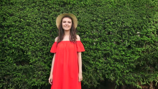 Bella modello felice in piedi giocoso in abito rosso sulla natura — Video Stock