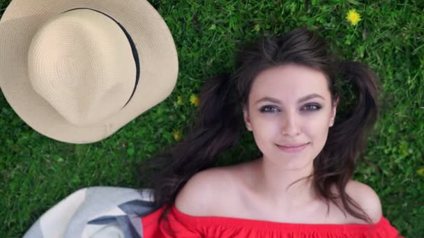 Relaxing in grass. Top view of beautiful young woman on the green grass — Stock Video