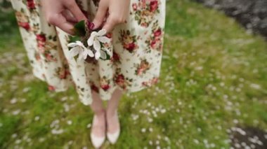 Kadının ellerini beyaz elma yaprakları ile güzel closeup.