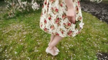 Kadının ellerini beyaz elma yaprakları ile güzel closeup.