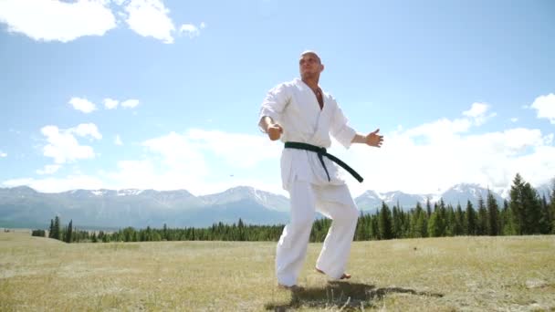 Combatiente realizando postura de karate contra la roca estrellándose desde el acantilado — Vídeos de Stock