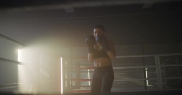 Donna che allena pugilato nel ring di boxe. Femmina combattente lancia pugni e guardando la fotocamera a Dark Ring. Ritratto di Donna Kickboxer. Concetto di pugilato. — Video Stock