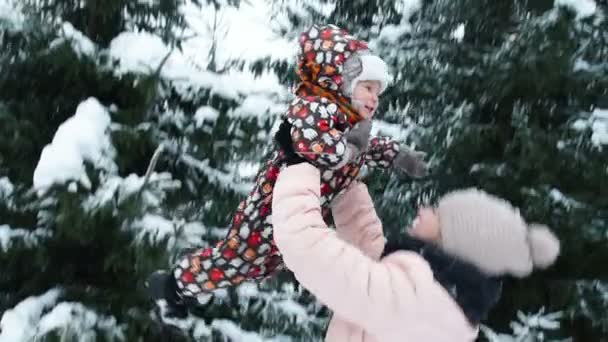 冬天好玩，下雪了，在冬天的时候滑雪橇的家庭 — 图库视频影像