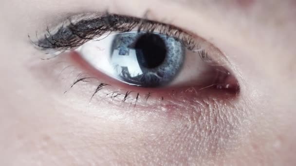 Close-up shot van jongen oog surfen op internet in de nacht — Stockvideo