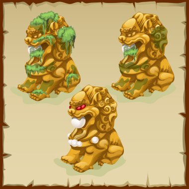 Three Golden statues of a lion dirty and cleaned clipart