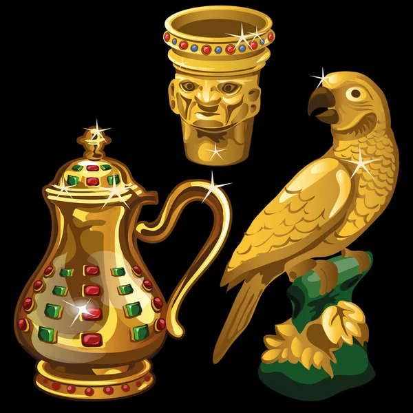 Gyllene vas, burk och statyett papegoja — Stock vektor
