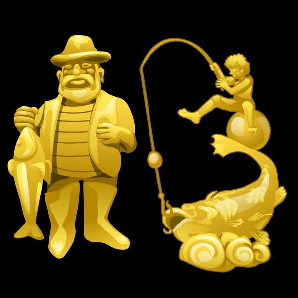 Goldene Statue eines Fischers mit Fang — Stockvektor