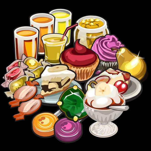 Grand ensemble de jus, bonbons, desserts — Image vectorielle
