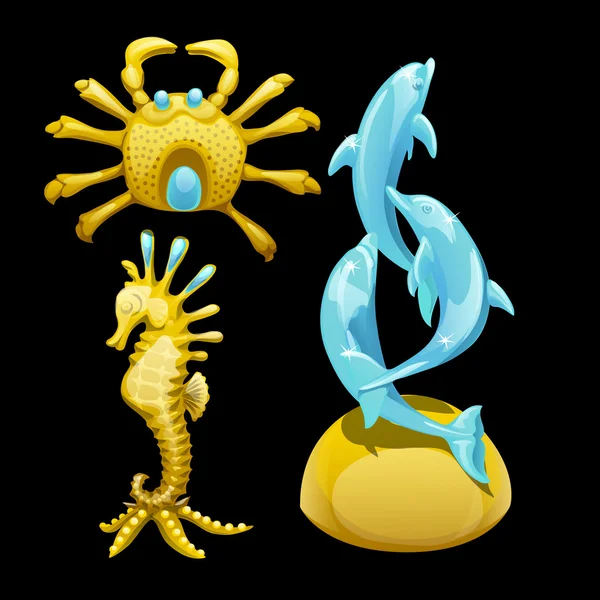 Figura dorada de un cangrejo, caballito de mar y delfines — Vector de stock