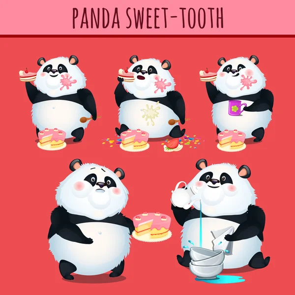 Panda manis makan kue, animasi karakter - Stok Vektor