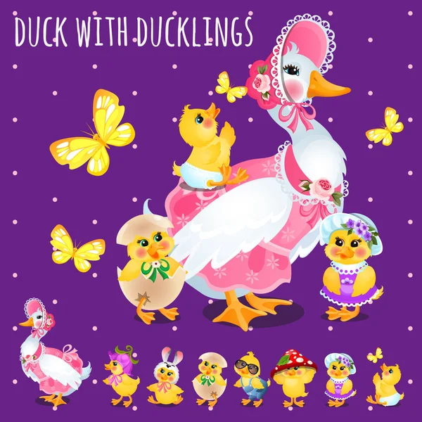 Ducklings, 큰 재미 있는 가족으로 오리 — 스톡 벡터