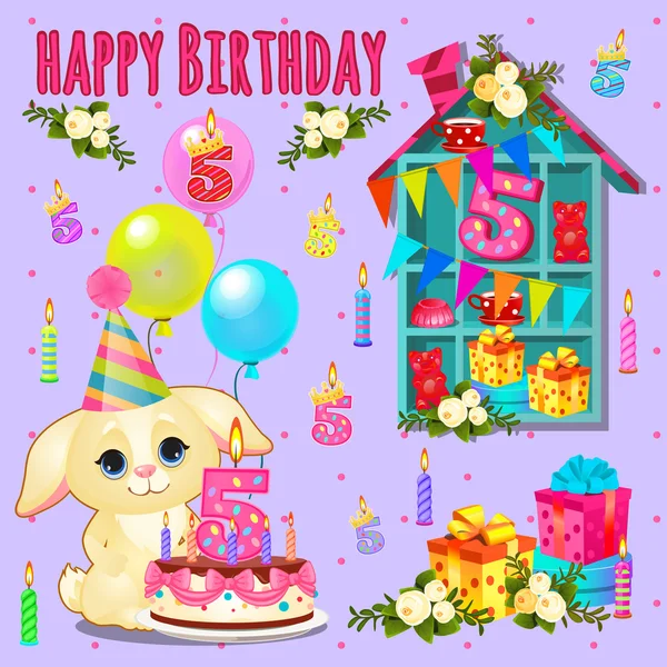 Tarjeta de cumpleaños feliz con linda mascota y juguetes — Vector de stock