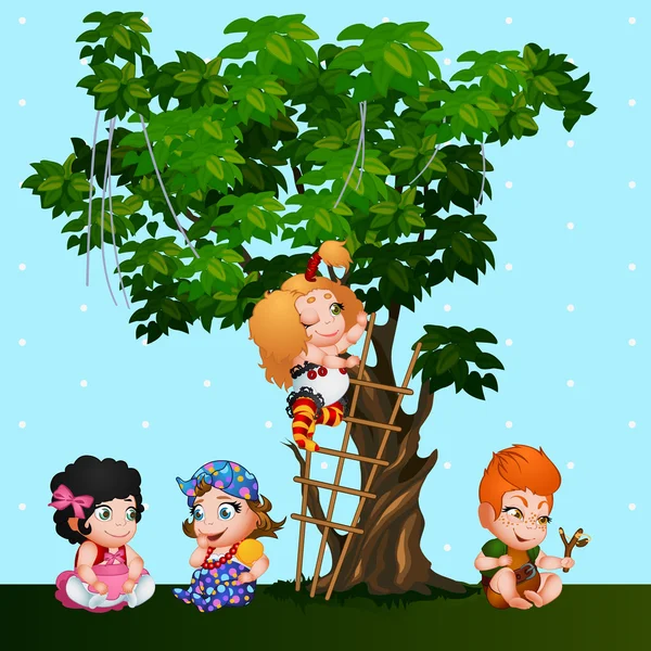 Empresa crianças meninas e um menino brincando perto da árvore —  Vetores de Stock
