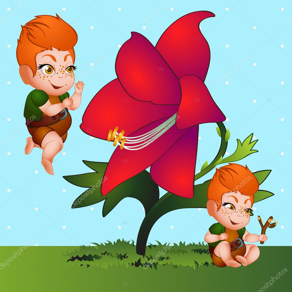Redhaired cartoon boy and red flower closeup Stock Illustration by