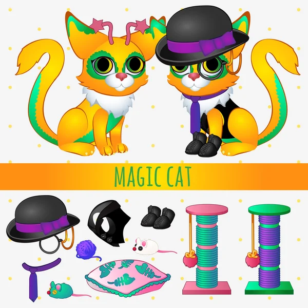 Gato mágico amarelo com acessórios e brinquedos —  Vetores de Stock