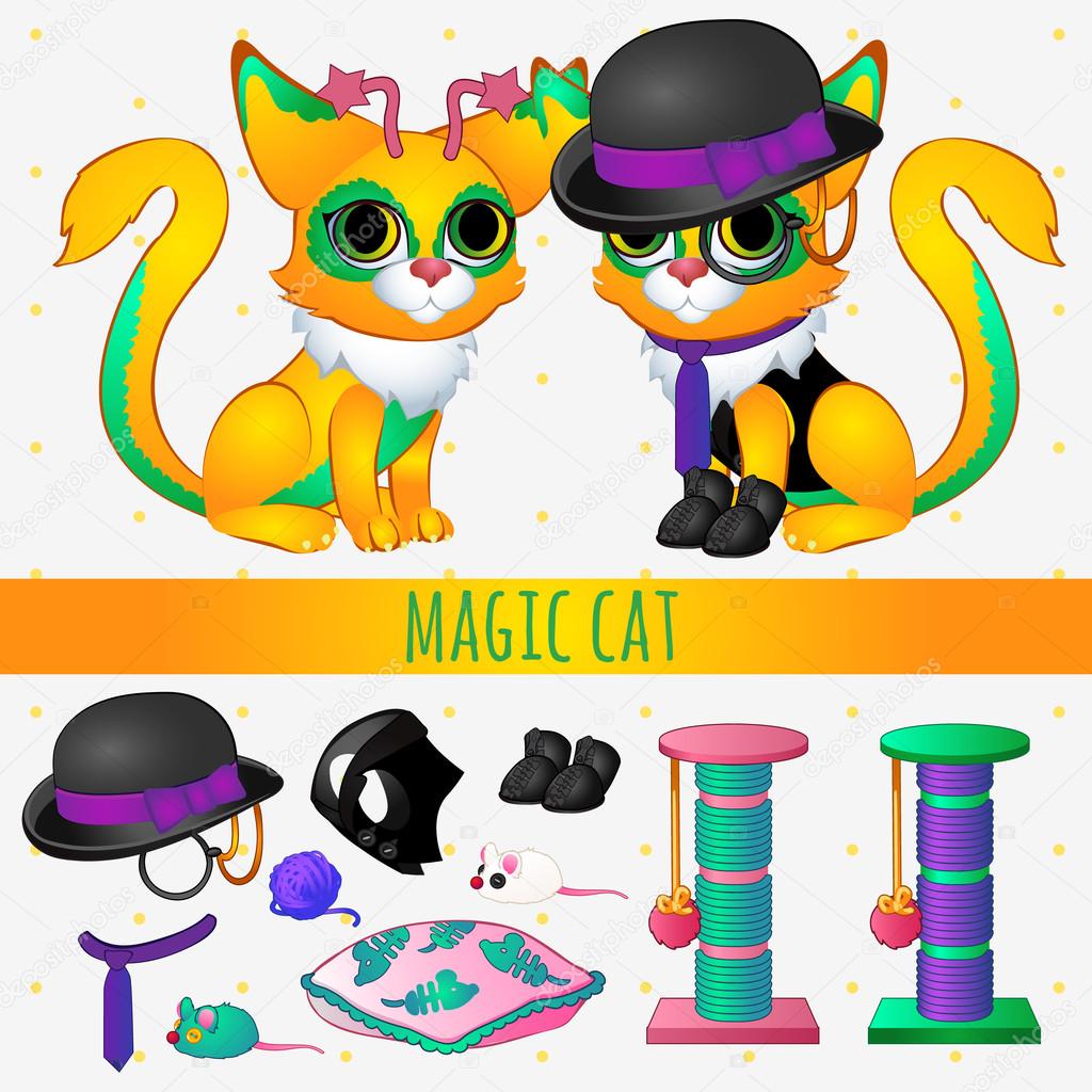 Yellow magic cat with accessories and toys