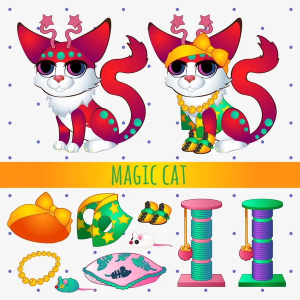 Κόκκινο μαγική γάτα με παιχνίδια και ρούχα — Διανυσματικό Αρχείο