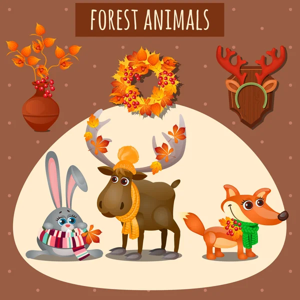 Tres animales del bosque en una bufanda caliente y sombrero — Vector de stock