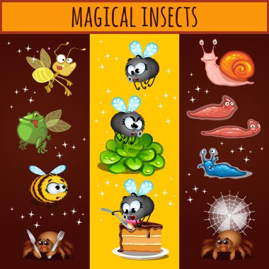 Fun cartoon insects mutants, bees, spiders, slugs clipart