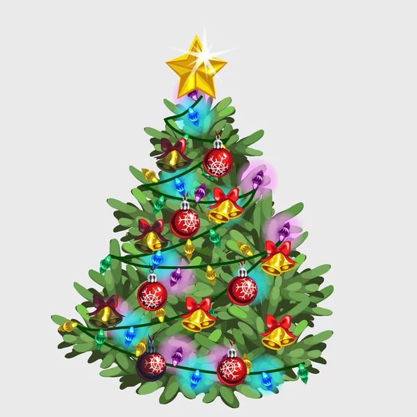 Grüner Weihnachtsbaum mit Stern, Kugel und Girlande — Stockvektor