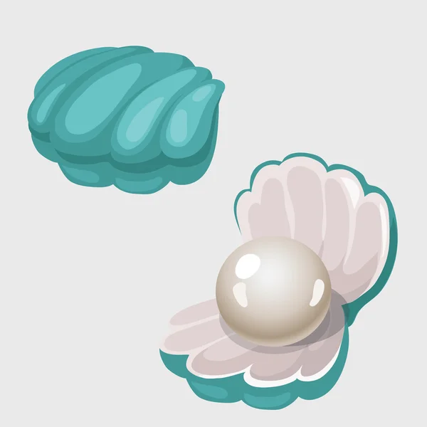 Boîte coquille ouverte et fermée avec perle blanche — Image vectorielle