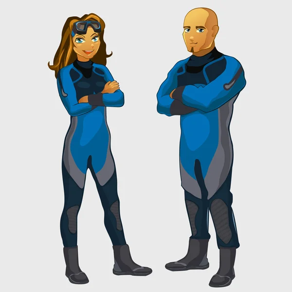 Man and woman divers, two character isolated — Stock Vector