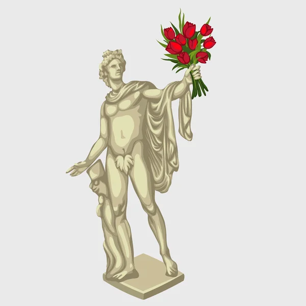 Greek man sculpture with red bouquet of flowers — Stock Vector