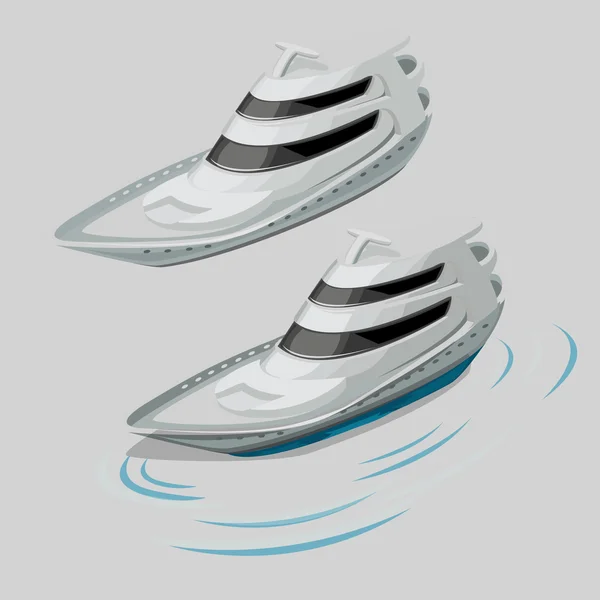 Moderna vita motorbåt och silhuetten av vågen — Stock vektor