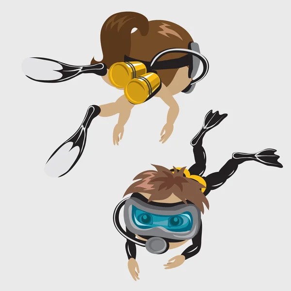 Menino e menina mergulhadores em máscaras, personagens de desenhos animados —  Vetores de Stock