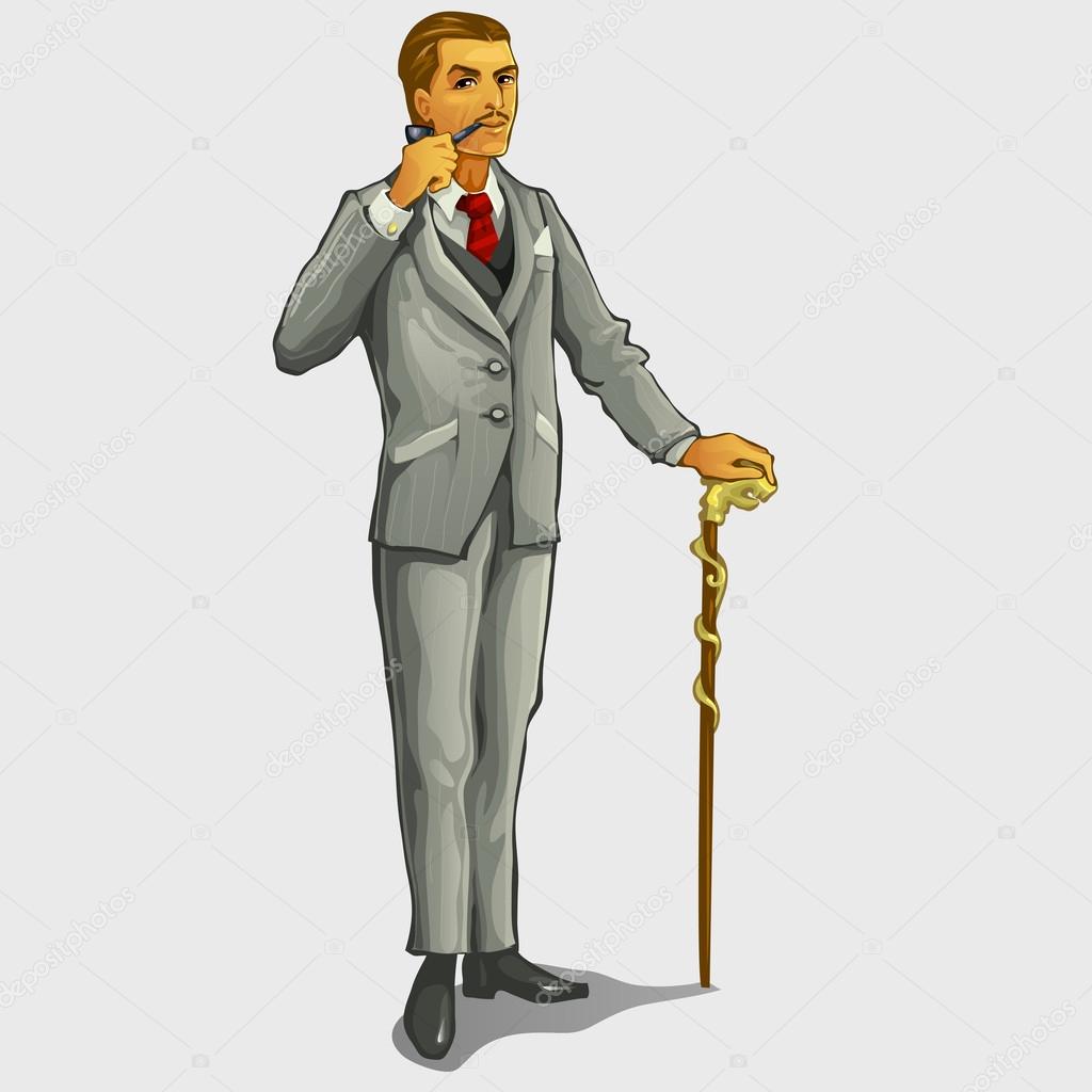 Gallant gentleman with cane and pipe, retro image