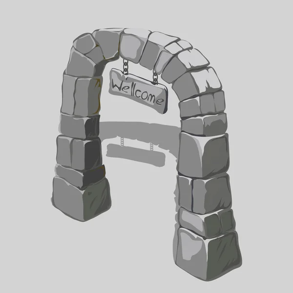 Древняя арка из серых блоков и знак приветствия — стоковый вектор