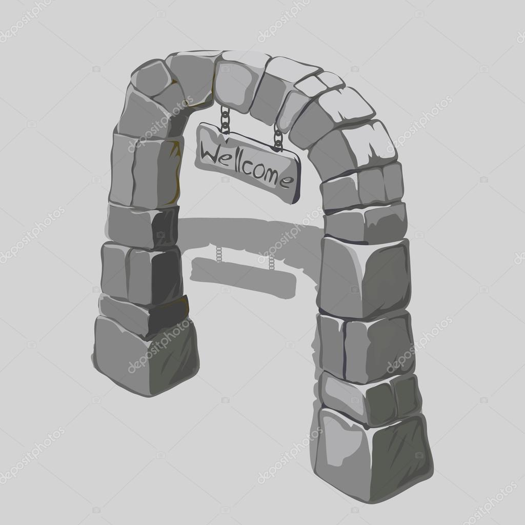 Ancient arch of grey blocks and welcome sign, stylized image
