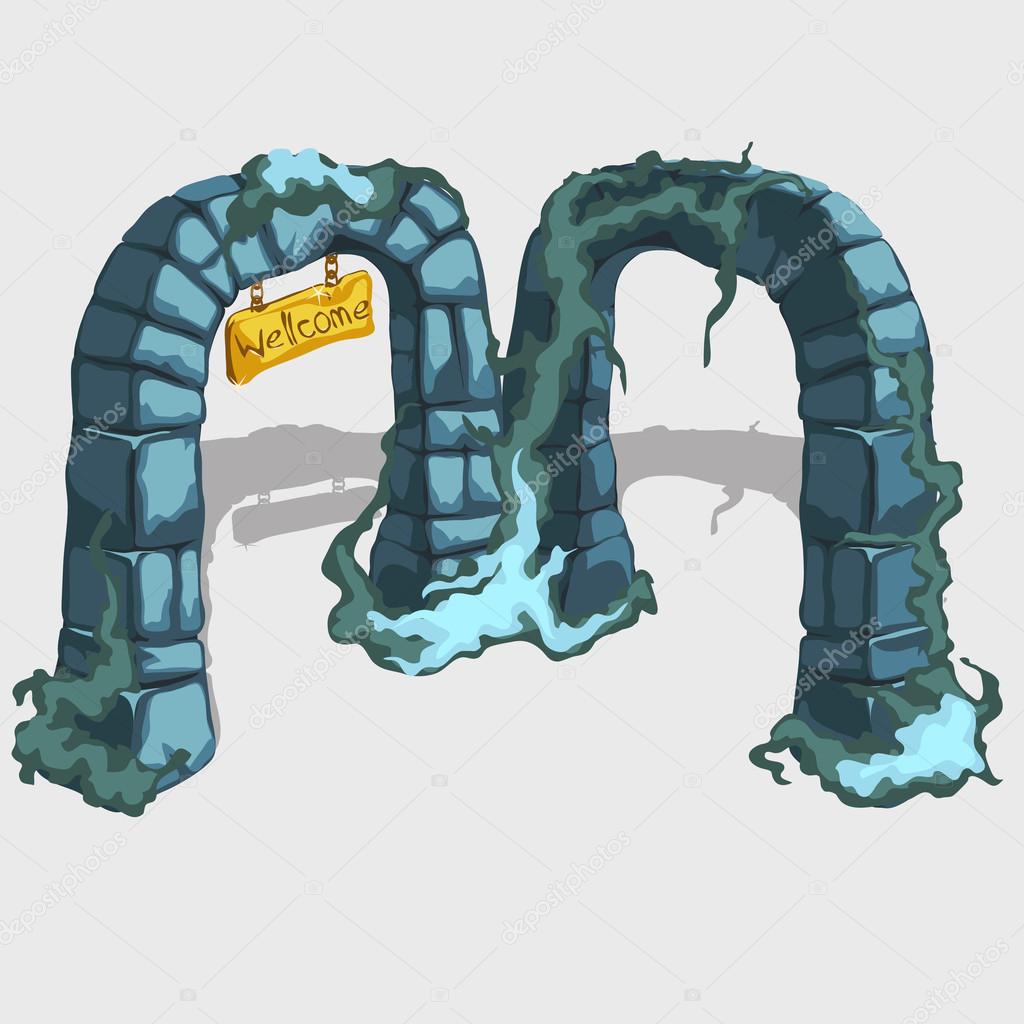 Gate in the historic style with a gold sign welcome,