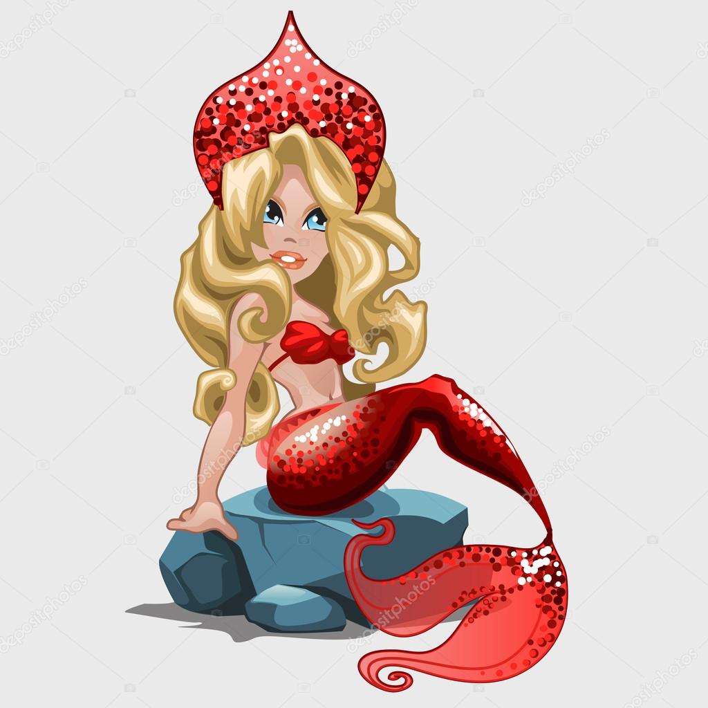 Beautiful mermaid blonde in red swimsuit