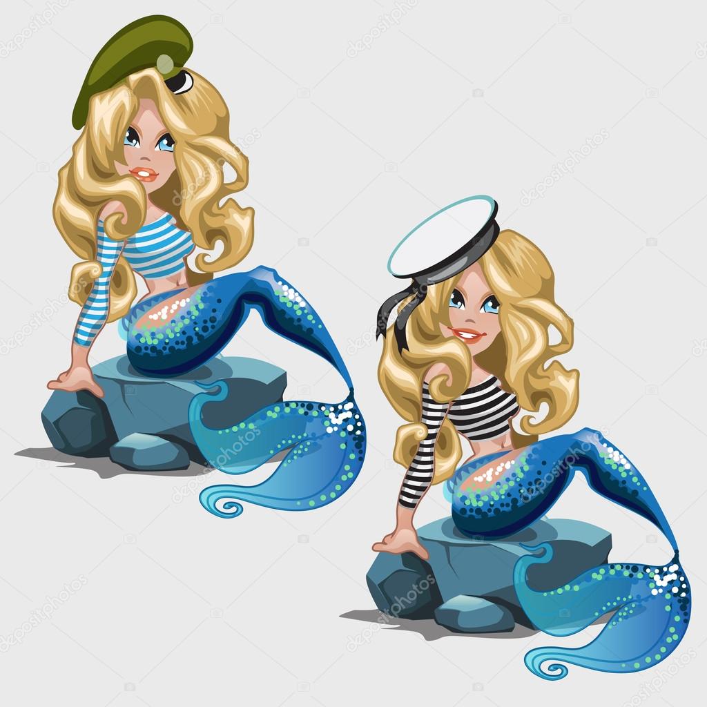 Two mermaids in sailor suits, character for design