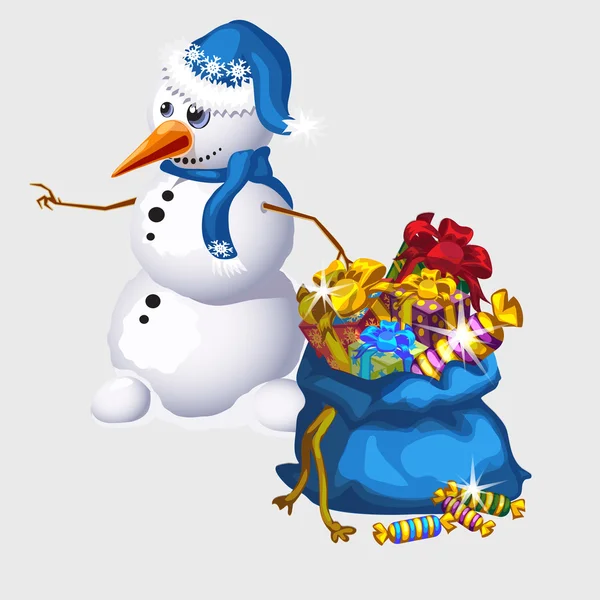 Pupazzo di neve con una grande borsa blu di caramelle e regali — Vettoriale Stock
